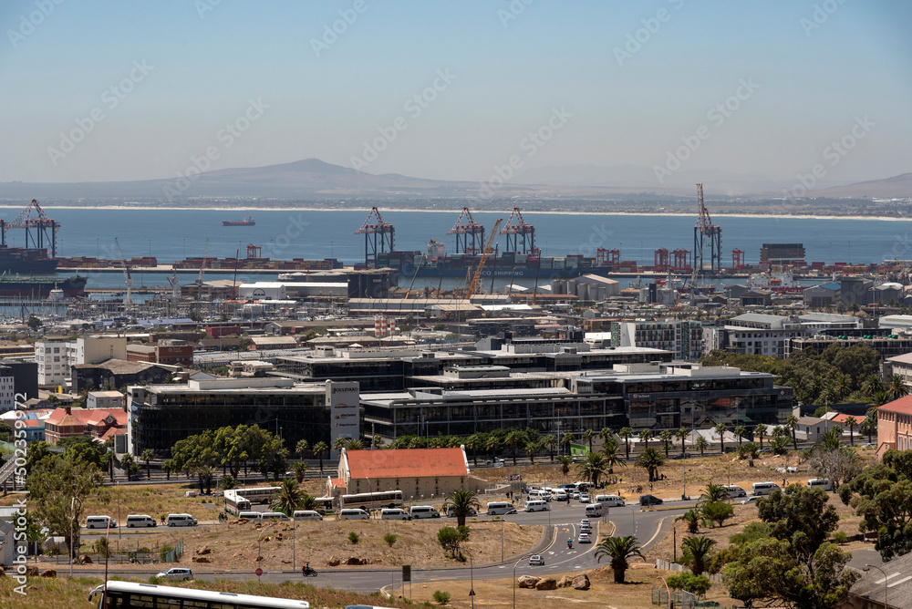 Cape Town, South Africa. 2022. Overview of business offices at Boulevard, the foreshore and container port in Cape Town.