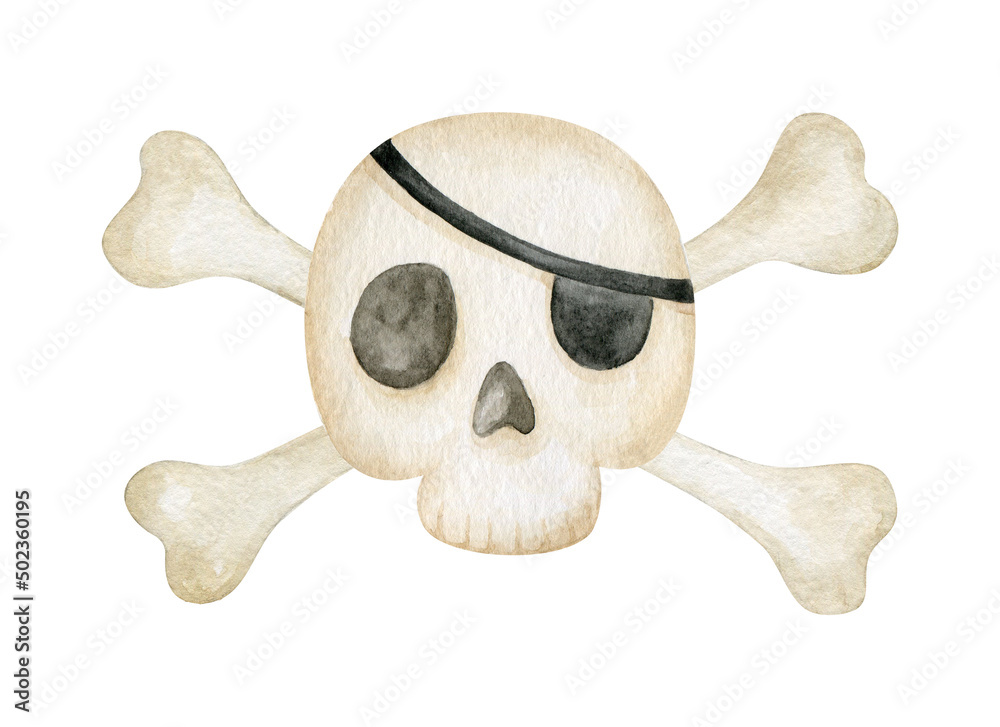 Pirate cartoon skull with eye patch and crossed bones illustration ...