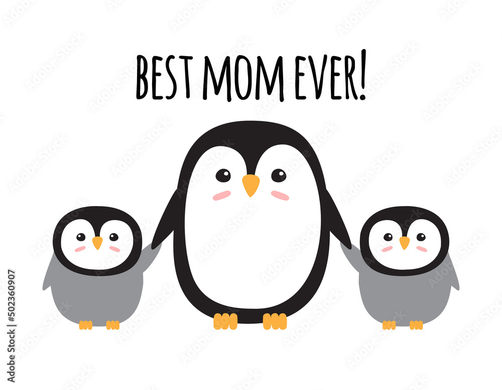 Obraz premium Vector flat hand drawn penguin mom and baby and best mom ever text isolated on white background