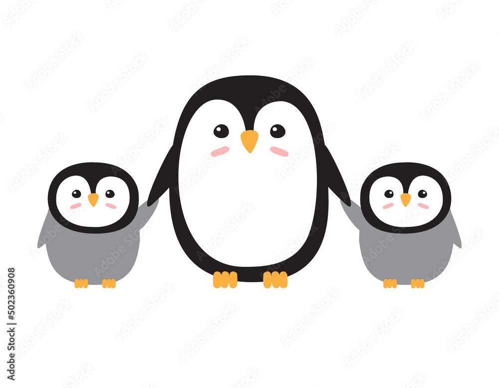 Fototapeta premium Vector flat hand drawn penguin mom and two babies isolated on white background