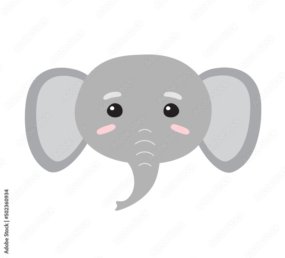 Vector flat hand drawn elephant face head isolated on white background Vector flat hand drawn elephant face head isolated on white background