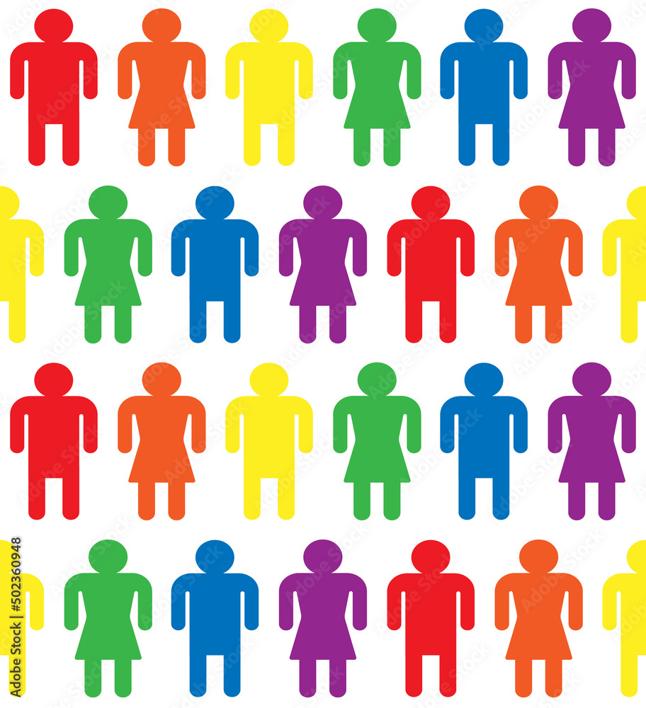 Vector seamless pattern of people silhouette with lgbt rainbow flag isolated on white background