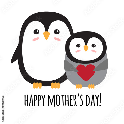 Vector flat hand drawn penguin mom and baby and happy Mother’s Day text isolated on white background