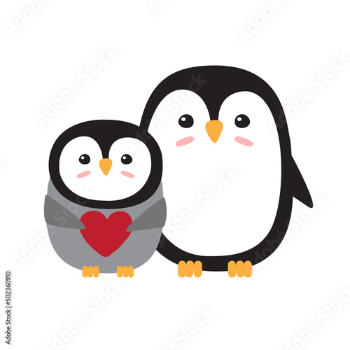 Vector flat hand drawn penguin mom and baby isolated on white background