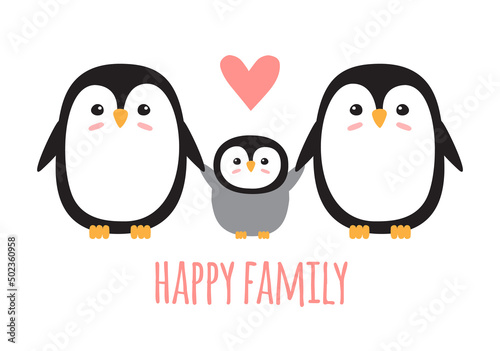 Vector flat hand drawn penguin and happy family lettering isolated on white background