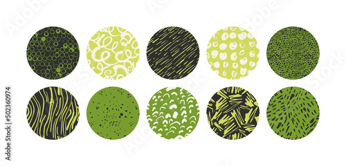 Vector illustration set of round abstract backgrounds or patterns for social media icons template. Contemporary minimal modern trendy doodle for matcha tea.