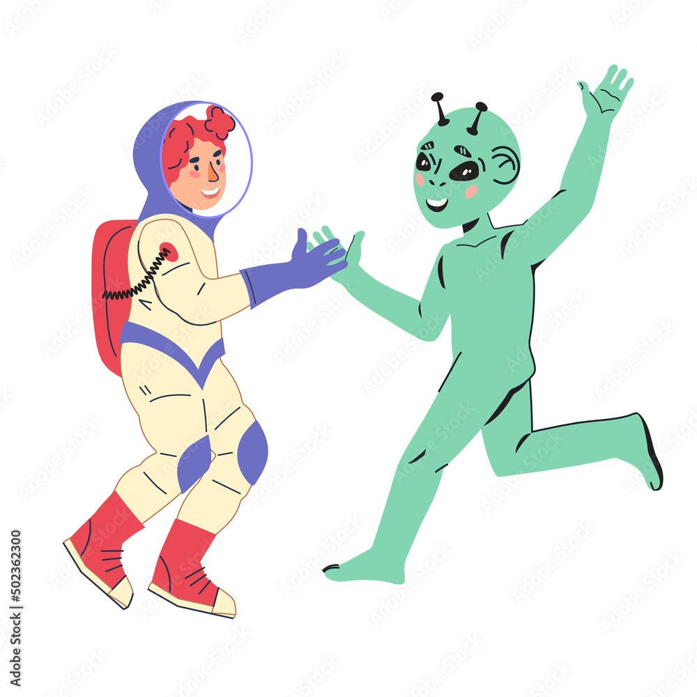Child little explorer, young cosmonaut meeting friendly alien, vector cartoon flat illustration isolated on background. Space explore and fantasy adventure concept for kids educational events.