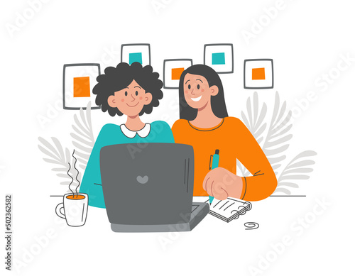 Two young women sit at a table and work on a laptop, study, watch a webinar. Vector flat illustration