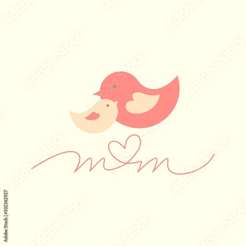 Mothers day poster. Bird with chick and mom lettering with heart