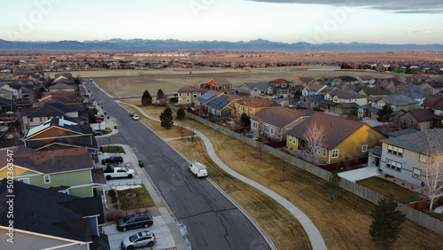 Suburban sprawl with the rocky mountains in the background in Thornton