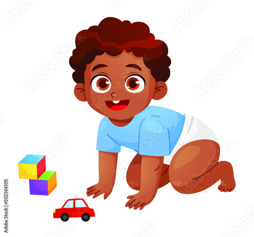 Smiling toddler boy and girl sitting. Portrait of happy smiling kids. cute little baby boys in diaper. African american children. Colorful vector illustration on white background
