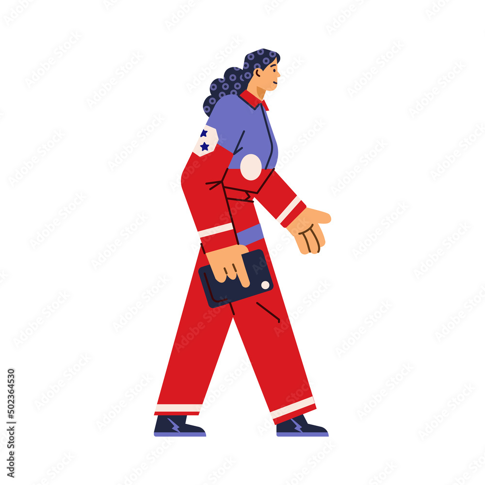 Female astronaut in space suit walking, flat vector illustration isolated on white background. Female astronaut in space suit walking, flat vector illustration isolated on white background.