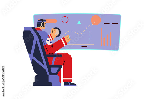 Astronaut controls spacecraft, cartoon flat vector illustration isolated.
