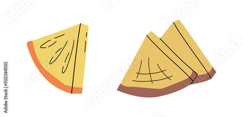 Hand drawn cute summer illustration two sliced wedge pineapple or ananas. Flat vector fresh fruit in simple colored doodle style. Tropical exotic raw food icon or print. Isolated on white background.