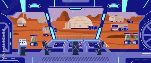 Fantasy flat illustration with spaceship interior, spaceship rocket, vector background.