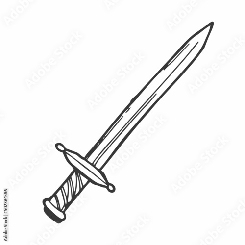 A sword with a handle drawn in the Doodle style.Outline drawing by hand.Cold steel.Dagger.Black and white image.Vector illustration