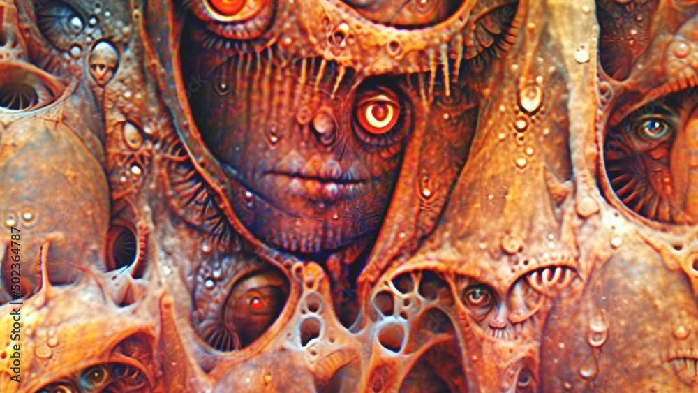 AI generated NFT crypto art of abstract face monsters painting. Cubist digital image manipulation of an artificial intelligence.Cyberart travel into the mind concept.