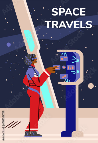 Woman on spaceship using control panel with hologram, poster with text, flat vector illustration.