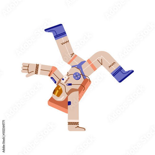Astronaut dances in spacesuit in zero gravity isolated on white background