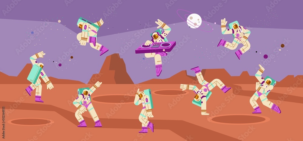 Astronaut dancing in a suit, a set of vector flat illustrations on a space background.