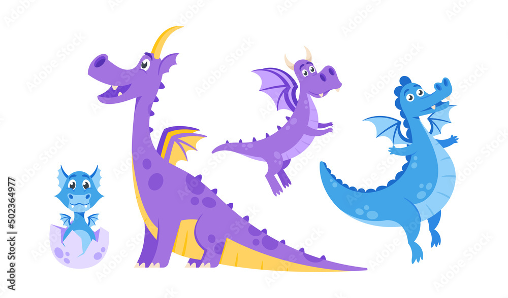 Set Cute Fabulous Dragons. Fairytale Baby and Adult Amphibians Characters, Flying Reptiles, Medieval Fantasy Creatures