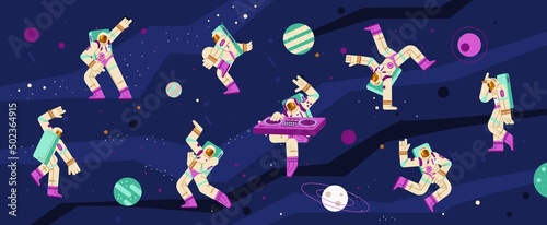 Astronauts dance and play music on DJ mixing console on disco or electro party © Kudryavtsev