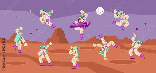 Astronaut dancing in a suit, a set of vector flat illustrations on a space background.