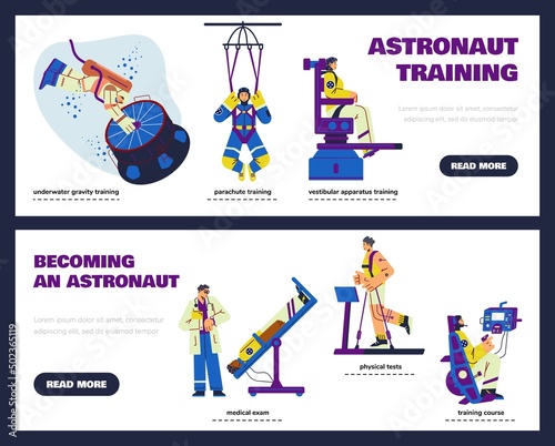 Astronauts training banners or posters set, flat vector illustration.