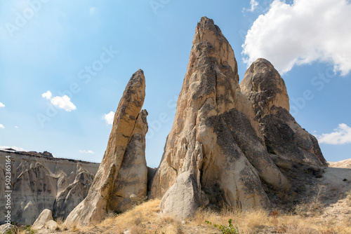 The fairy chimney rock formations and rock pillars of “love Valley” near Goreme, Cappadocia, Nevsehir, Turkey