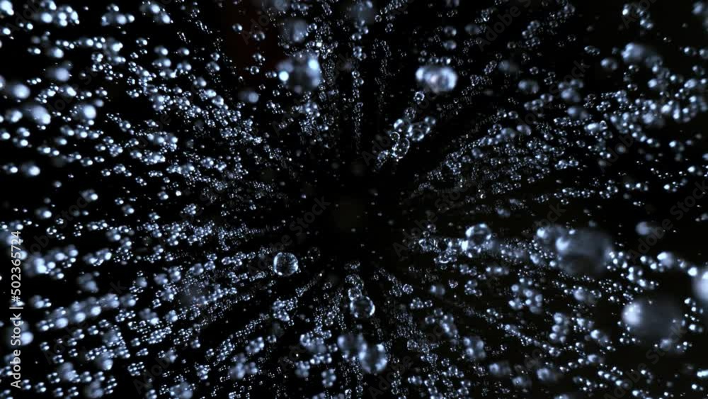 Super slow motion of water drops splashing from shower. Special wide angle macro lens, ultimate perspective. Filmed on high speed cinema camera, 1000 fps.