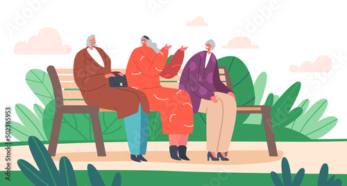 Trendy Grandmothers Communicate on Bench. Senior Friends Female Characters Sitting in Park or House Yard Chatting