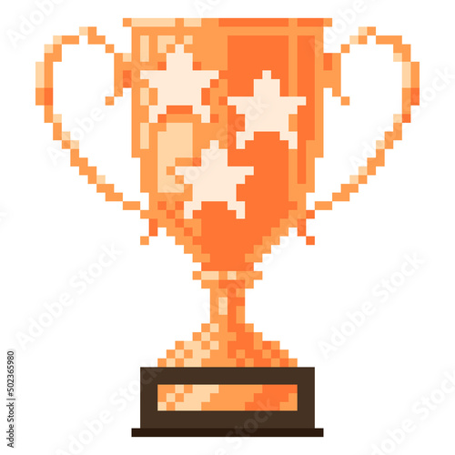 Bronze cup on a wooden stand with a nameplate pixel icon. Third place award trophy goblet with stars. 8-bit style.