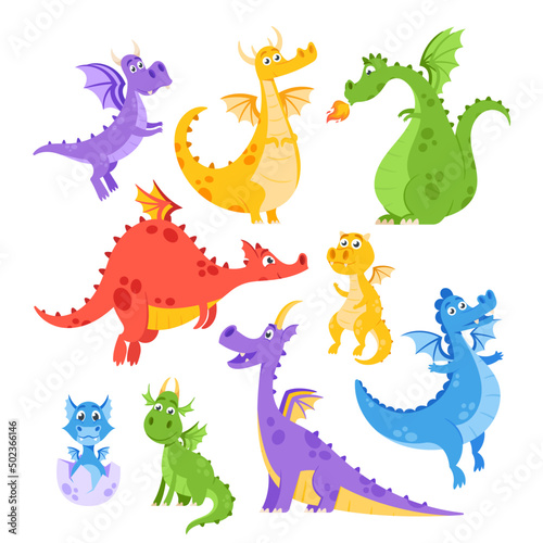 Set of Cute Dragons. Fairytale Amphibians and Reptiles With Wings and Teeth. Medieval Fantasy Wild Creatures Characters