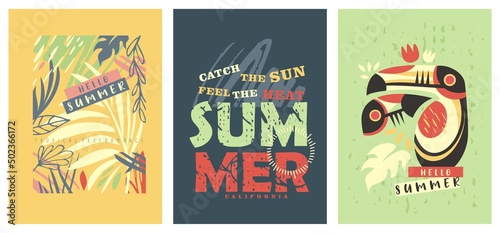Fashionable tee shirt graphic with summer floral elements, slogans and toucan bird. Prints layout for clothing and apparels. Vector textile prints.