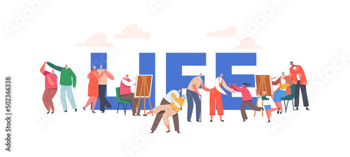 Elderly People Hobby and Active Life Concept. Old Male and Female Characters Painting, Dancing, Meet with Grandchildren