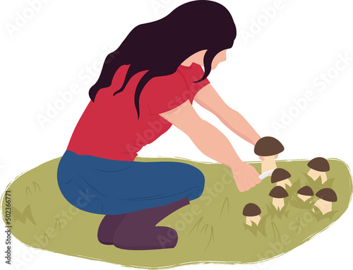 Girl picking mushrooms in the meadow, mushroom season, mushroom pickers