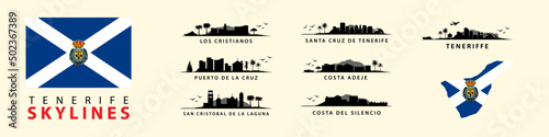 Tenerife Island Skylines, Silhouettes of Santa Cruz, Costa Adeje, Costa Del Silencio, San Cristobal, Puerto De La Cruz. Spanish Tropical Travel Destinations. Collection of Exotic Landscapes.