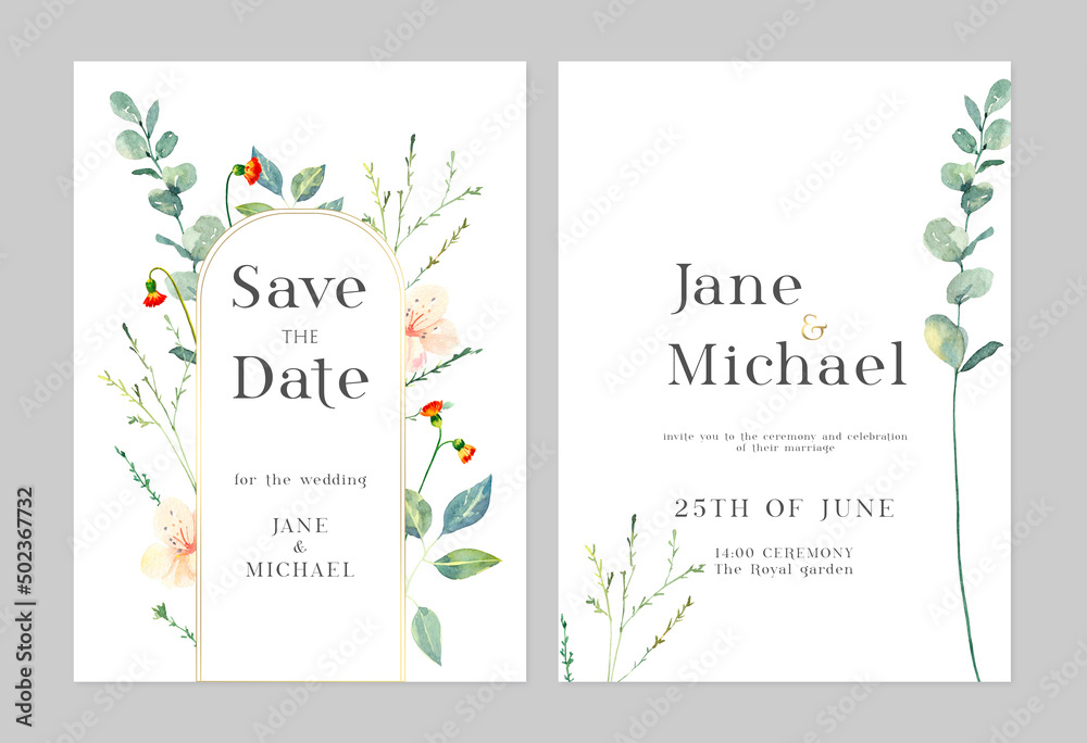 Watercolor hand painted gentle botanical spring leaves and branches illustration. Watercolor illustrations isolated on white background, premade wedding invitation, save the date frame template