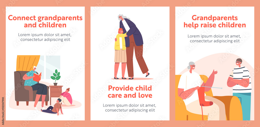 Grandparents with Children Banners. Grandmother Reading Book, Knit Socks and Hugging with Grandchildren