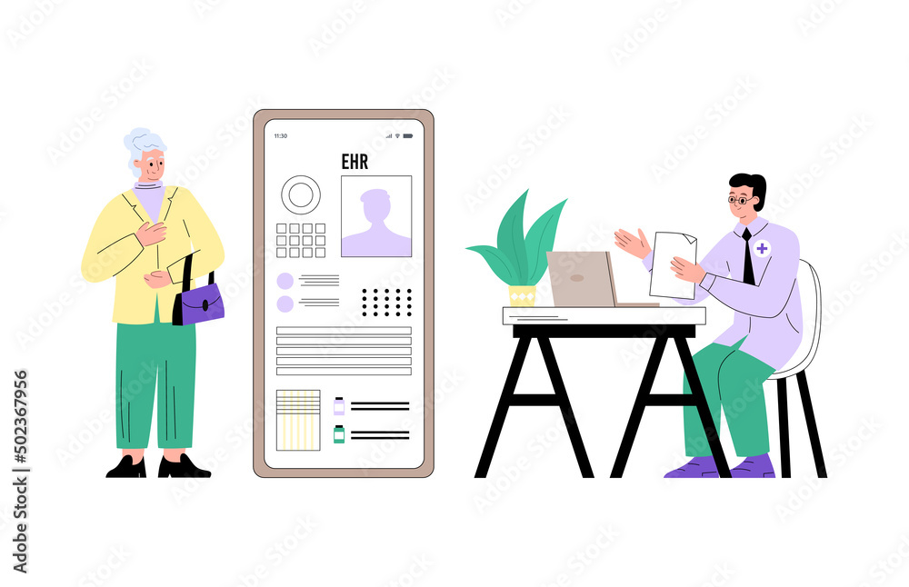 Senior woman and doctor checking electronic health record, flat vector illustration isolated on white background. Senior woman and doctor checking electronic health record, flat vector illustration isolated on white background.