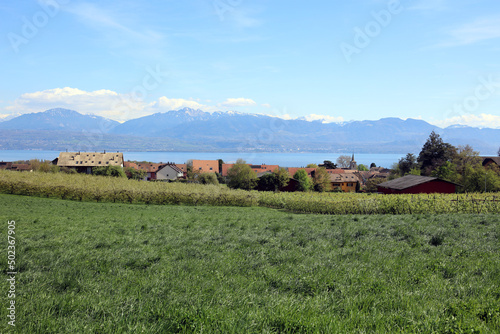 Toits de maisons d'Etoy en Suisse avec le lac Léman en arrière plan