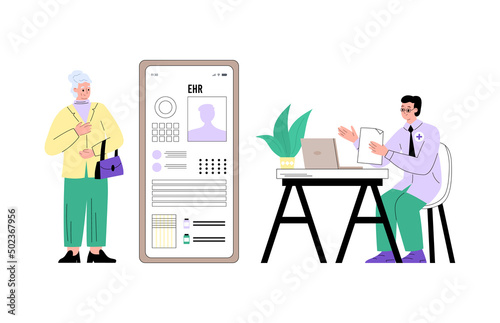Senior woman and doctor checking electronic health record, flat vector illustration isolated on white background.