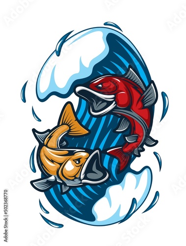 Cartoon fish mascot or fishing sport tattoo with big fishes in sea wave, vector emblem. Aggressive tuna, trout or carp and walleye fishes fighting, mascot badge for sport club or team players mascot