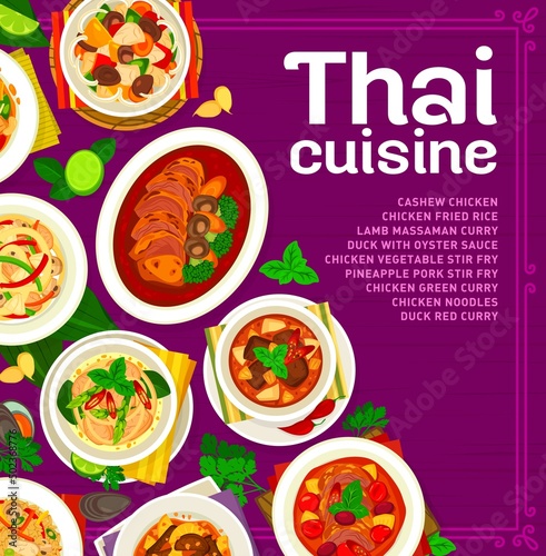 Thai cuisine menu cover with rice and noodles or curry food dishes, vector restaurant poster. Thailand cuisine dinner and lunch meals of Bangkok kitchen with chicken, pork and pineapple pork stir fry