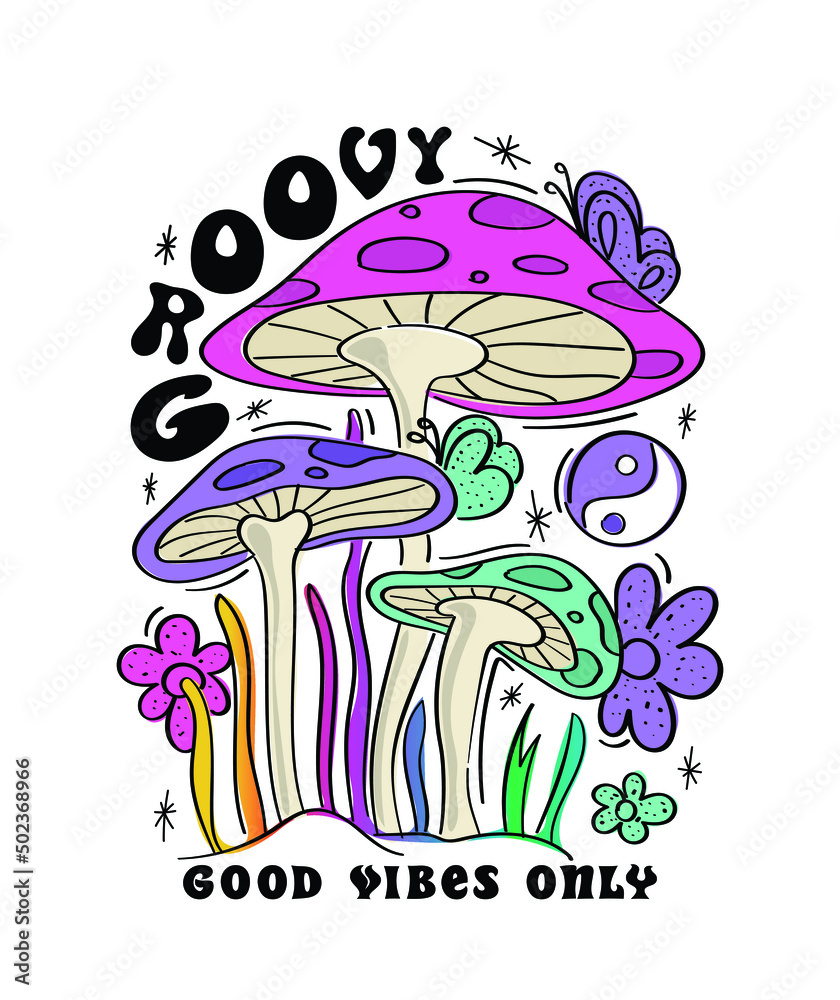 Psychedelic mushroom drawings with flowers and yin yang symbol. Groovy