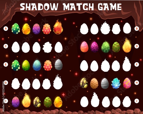 Cartoon dinosaur eggs in cave, vector shadow match game. Kids puzzle matching riddle or maze worksheet with cave rocks background frame. Find and connect silhouettes of dragon or dino eggs