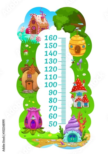 Kids height chart growth ruler meter flower and acorn, shell, beehive, mushroom and caramel houses. Vector children height measurement scale with funny cartoon fairy dwellings in forest field
