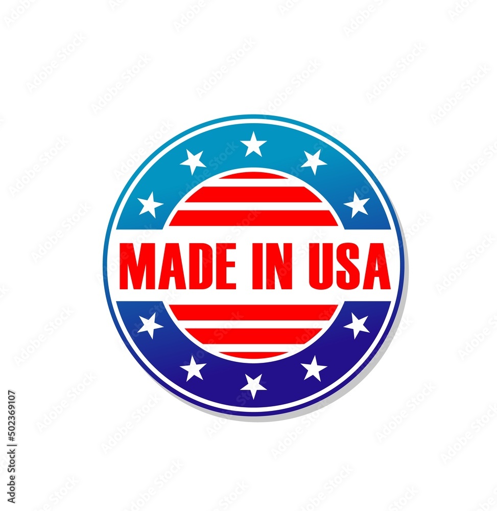 Made in USA label or banner with American flag and stars, vector warranty tag. Made in USA label for product quality or certificate guarantee, certified US American production round badge Made in USA label or banner with American flag and stars, vector warranty tag. Made in USA label for product quality or certificate guarantee, certified US American production round badge