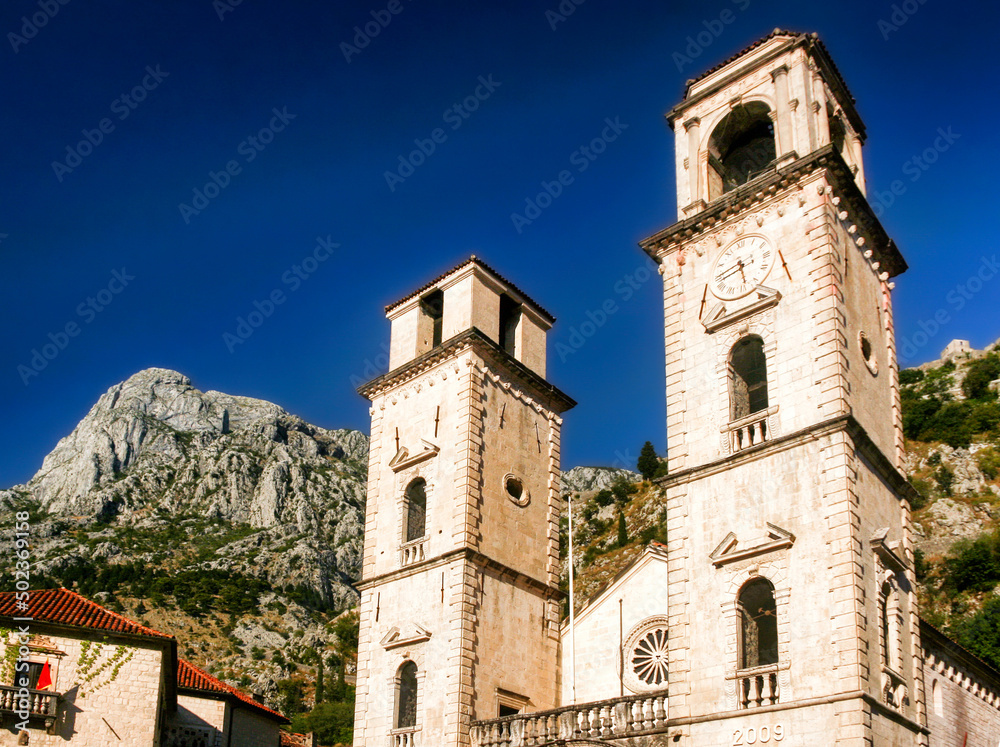 Tower of church in historic town Kotor, Montenegro