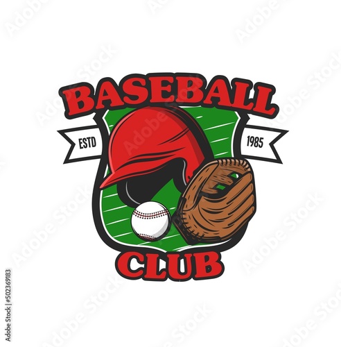 Baseball sport icon with helmet and glove, club and team vector badge. Baseball or softball varsity players team emblem with ball and ribbon on shield for tournament or championship game
